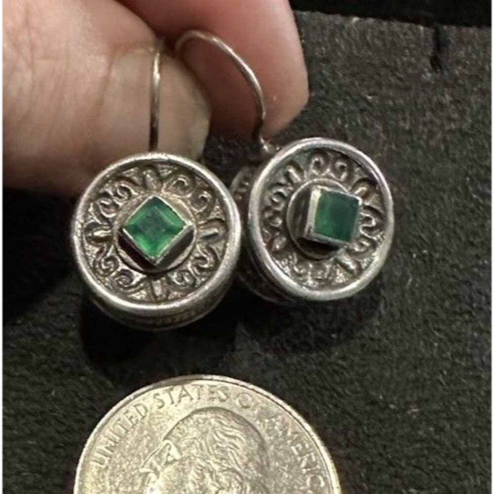 Vintage Artisan Round 925 Sterling Silver Faceted Square Green Emerald Western